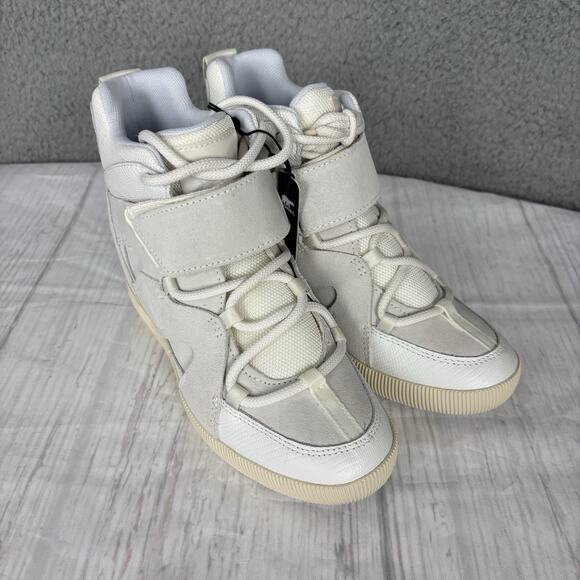 Sorel Womens sz 7 Out N About Hidden Wedge Leather Sneaker Bootie White Sea Salt - Picture 2 of 16